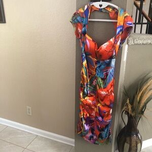 Cache Bodycon Tropical Midi Satin Dress